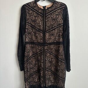 Bardot Black and Tan Lace Long Sleeve Dress Large Size
